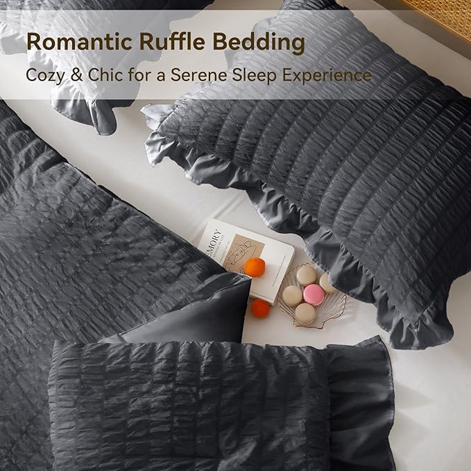 JOLLYVOGUE Dark Gray Queen Comforter Set, 3 Pieces Seersucker Bedding Comforter Sets, All Season Bed in a Bag Queen, Lightweight & Fluffy Queen Bedding Set with 1 Comforter, 2 Ruffle Pillowshams