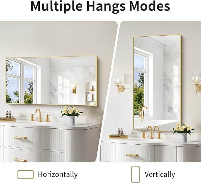 48x24In Gold Bathroom Mirror for Wall, Brushed Gold Rectangle Mirrors with Metal Frame, Bathroom Rectangular Mirror Modern Wall Mirror for Bedroom Living Room, Hangs Horizontal or Vertical