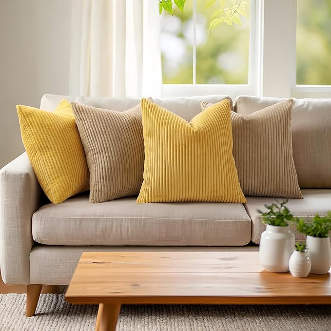 Mecatny Corduroy Decorative Throw Pillow Covers 26x26 Set of 2 for Sofa Living Room, Soft Neutral Boho Couch Pillow Covers for Home Decor, Mustard Yellow