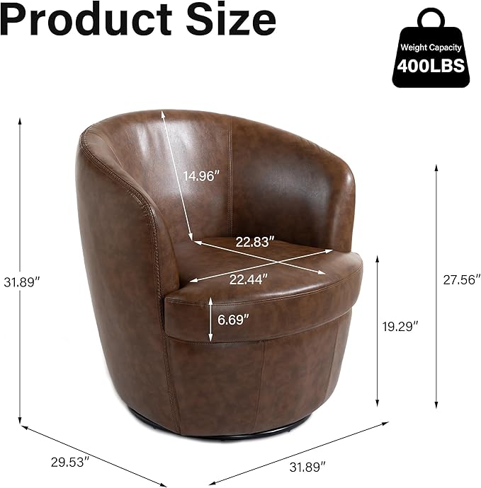 Swivel Barrel Chair, Modern Round PU Leather Accent Armchair for Living Room, Bedroom, Comfy Club Reading Chairs for Adults (Leather Coffee, Set of 1)