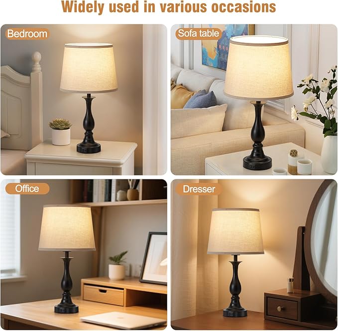 Bedside Table Lamp Touch Control Bedroom Lamps with USB-C USB-A Charging Port 3 Way Dimmable Touch Lamps for Nightstand Living Room Bedroom Dorm Home Office Reading, Set of 2