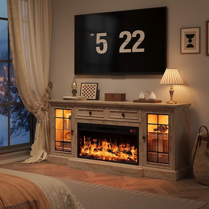 Fireplace TV Stand Up to 80" TVs, 70'' Modern Entertainment Center with 36" Electric Fireplace & LED Lights, Farmhouse Media Console with Storage Cabinet & Drawer for Living Room, Antique Brush Grey