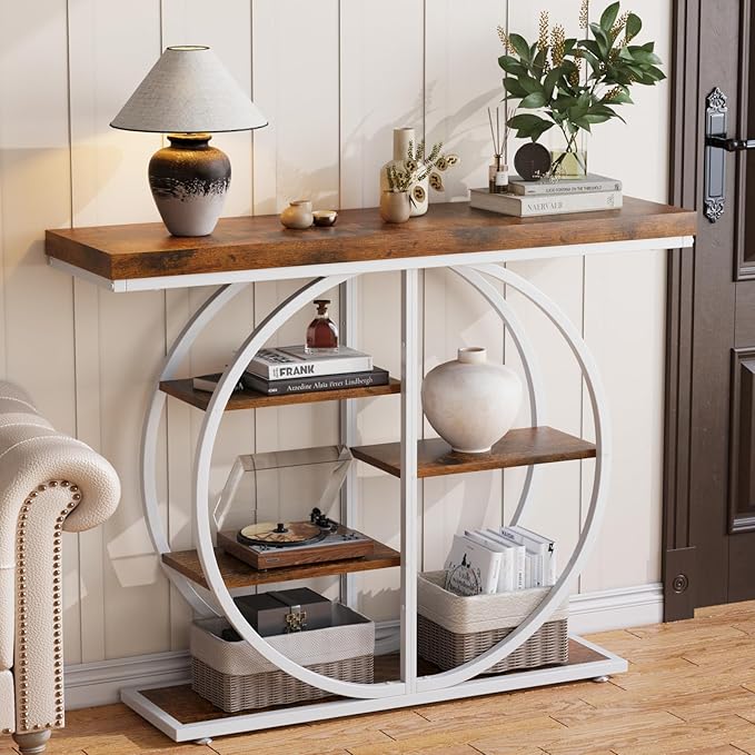 41.3" Console Table for Entryway, Industrial Hallway Sofa Table with Storage Shelves, Narrow Accent Decor Living Room Furniture with Circle Base for Foyer, Entrance, Brown White