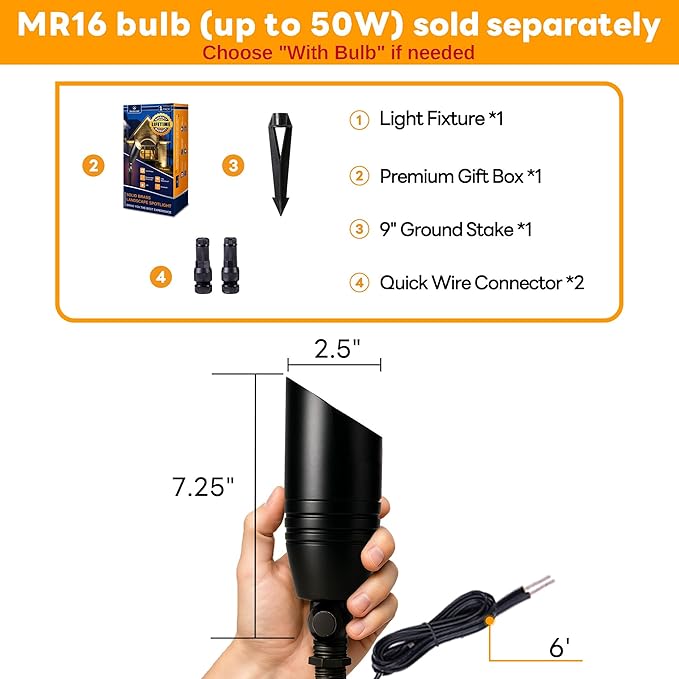 Brass Landscape Lighting - Black Low Voltage Spotlights Outdoor LED, 12V Wired Uplights, Waterproof Spot Lights, Adjustable Focus for Outside Trees Without MR16 Bulb (4 Pack)
