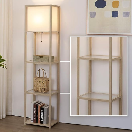Floor Lamp with Shelves, Modern Standing Lamp with Tempered Glass, Large Display Shelf Lamp, Tall Lamps with Shelves for Living Room, Bedroom, Office, Ashen Oak