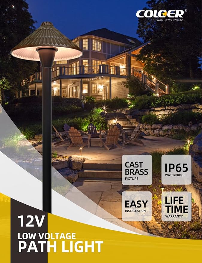 COLOER 12V Brass Outdoor Low Voltage Pathway Lights for Outside(Bronze,23" Tall, 7.5" Shade) with 2W 2700K G4 LED Bulb(604B)