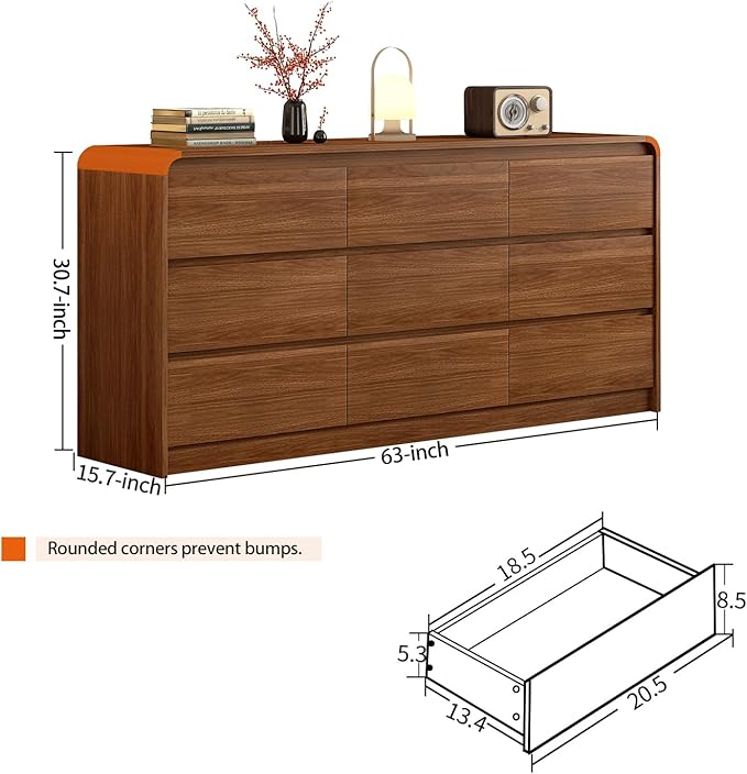 Modern 9 Drawer Dresser, 63-Inch Wood Chest of Drawers, Curved Anti-Collision Design, Mid-Century Storage Cabinet, Pre-Embedded Slots, Natural Texture, for Bedroom, Living Room, TV Stand