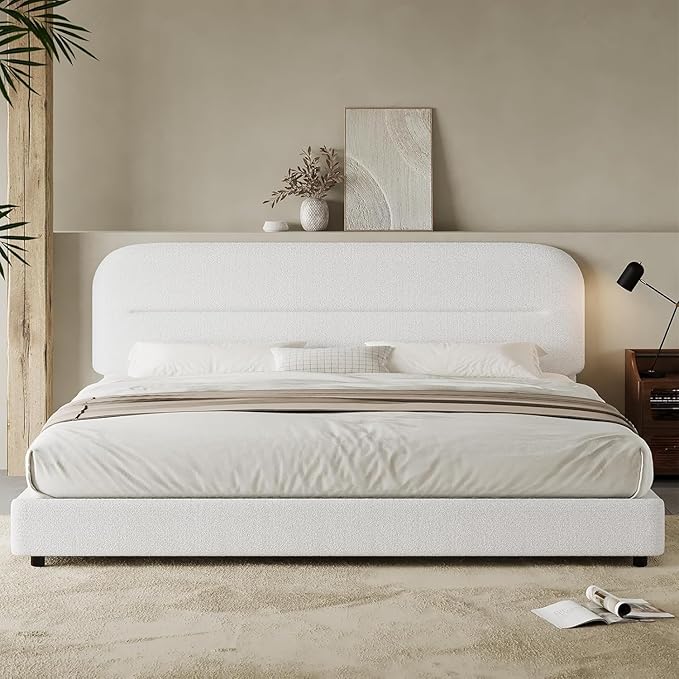 HOMBCK King Size Boucle Bed Frame, White Upholstered Platform Bed Frame King with Soft Headboard, Thickened Footboard, Rounded Corners, No Box Spring Required, Easy Assembly, White