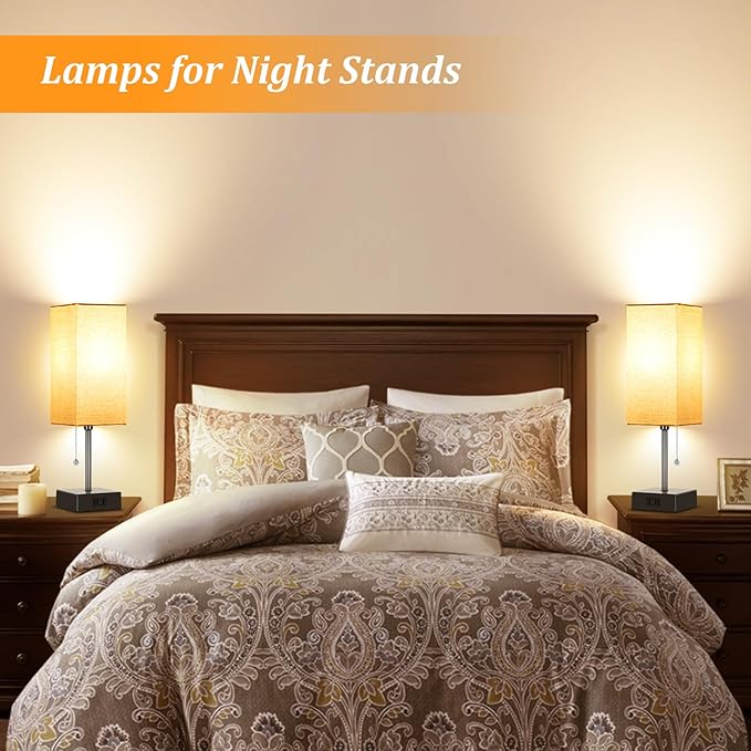 15'' Table Lamp for Bedroom set of 2,3-Color Bedside Lamps with Pull Chain Table Lamps for Night stands with AC Outlet,Small Night Light Lamps with 2 Bulbs Lamps for Living Room Kids Room Office Decor
