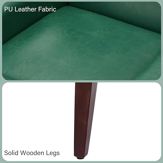 Accent Chair, Mid-Century Modern PU Leather Chairs with Arms for Living Room, Comfy Upholstered Club Single Sofa Armchair for Bedroom Waiting Room with Solid Wood Frame（Leather Green, Set of 1