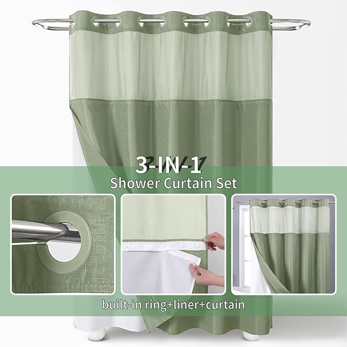 Sage Green No Hook Shower Curtain with Snap-in Fabric Liner Set,Slub Textured Fabric Shower Curtains for Bathroom,Hotel Style Modern Shower Curtain,Water Repellent & Washable,71x74(72)