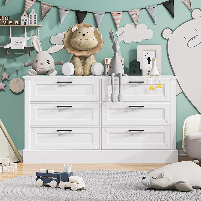 White Dresser for Bedroom with 6 Drawer, Bedroom Furniture Organizer Storage, Wood Double Dresser & Chest of Drawers, Modern Farmhouse Style, Dressers for Closet, Living Room 30” Tall