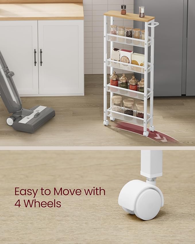 VASAGLE Slim Rolling Cart, 5-Tier Storage Cart, Narrow Cart with Handle, 5.1 Inches Deep, Metal Frame, for Kitchen, Dining Room, Living Room, Home Office, Oak Beige and Classic White ULRC034W09