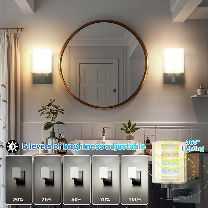 Battery Operated Wall Sconce Set Of 2, 10000mAh Wireless Rechargeable Wall Sconce With Remote Control, RGB Dimmable Bathroom Light Fixtures With Double Clear Glass Shade For Mirror Bedroom Living Room