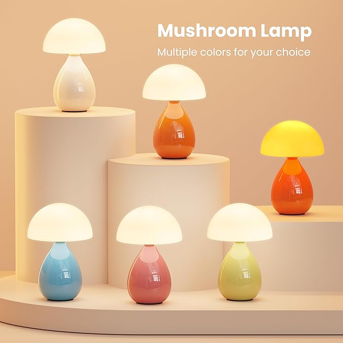 Mushroom Lamp Table Lamp, Mini Modern Lamp Bedside Nightstand Light Desk Cute Small Light Dimmable for Bedroom, Living Room, Ceramic Base Glass Led Home Decor for Woman Children Gifts