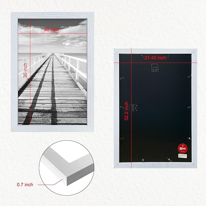 VCK 20x30 Poster Frame - Wooden White Picture Frames with Plexiglass, Natural Woodgrain Wall Gallery photo frames