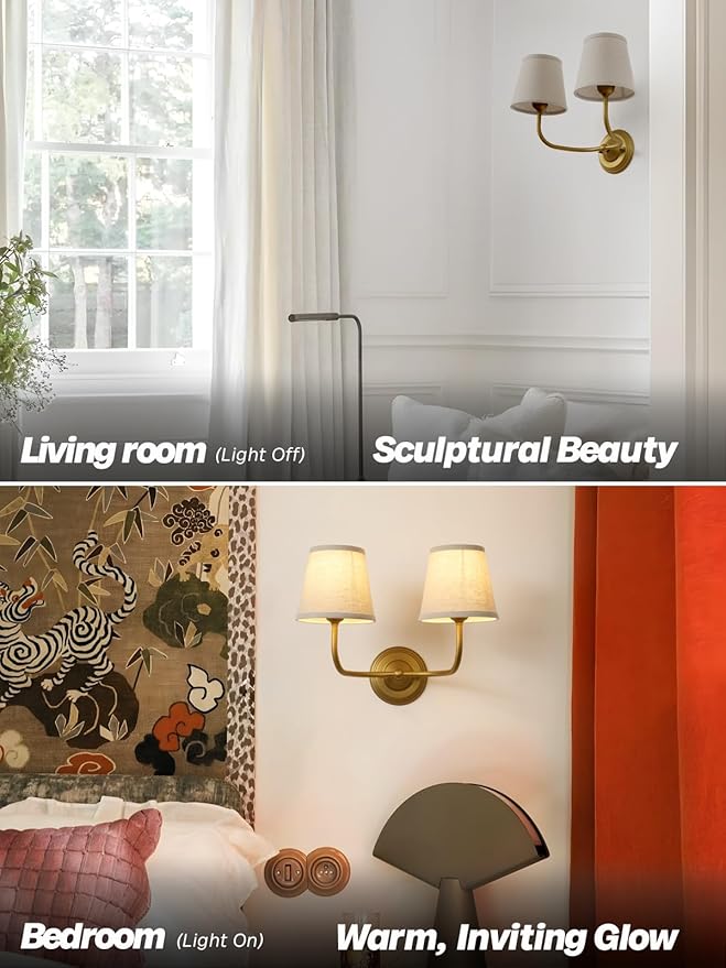 Vintage 2-Lights Fabric Wall Sconce with Linen Cloth Shade, Double Arm Wall Lamp Fixture for Bathroom Bedroom Living Room Hallway