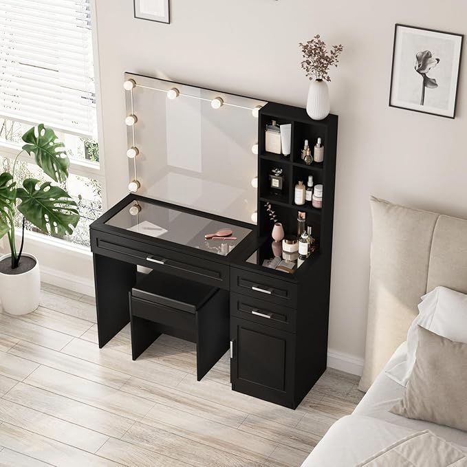 Fameill Makeup Vanity Desk with Lights,Glass Top Vanity Table with Lighted Mirror,Large Makeup Desk with 3 Drawers and Cabinets,3 Color Lighting Modes with Adjustable Brightness,Black