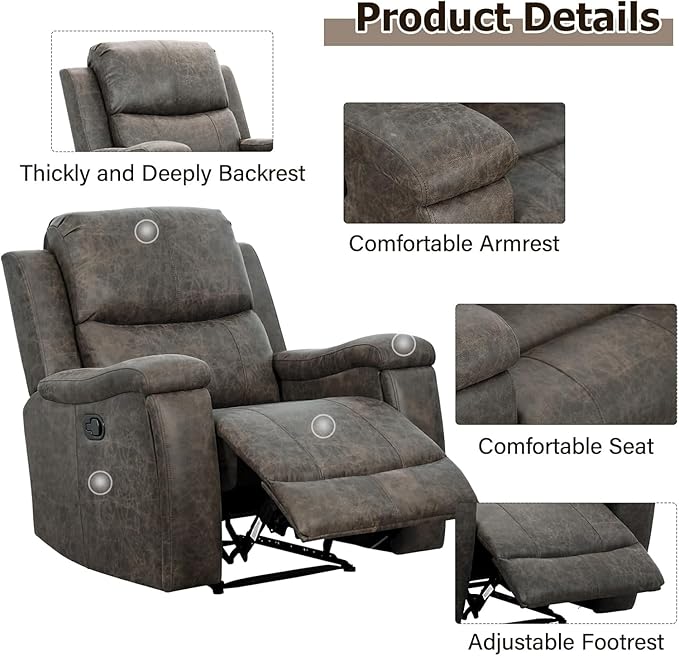CANMOV Leather Recliner Chair Set of 2, Classic and Traditional Manual Recliner Chair with Overstuffed Arms and Back, Manual Single Sofa with Concealed Cup Holders,Grey