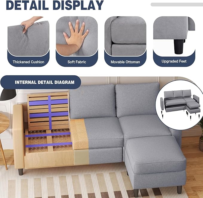 Shintenchi Small Sectional Couch Sofas, 3 Seat L Shape Sofa with Ottoman, Fabric Upholstered Convertible Sofa Couches, Small Couch for Apartments and Office (Light Grey)