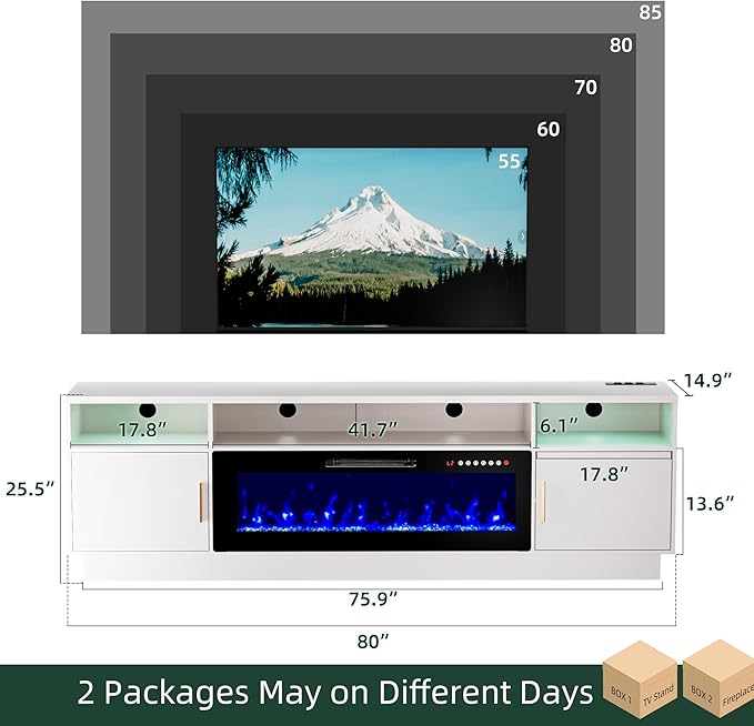 Ludatido 80 Inch Premium TV Stand with 36 inch Electric Fireplace 27 Inch high LED Light Entertainment Center Easy to Assemble for TVs Up to 90'' with USB&AC Power Interface White