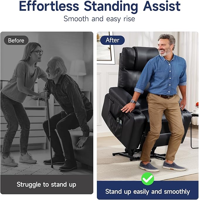 Power Lift Recliner Chair for Elderly with Massage & Heat, 160° Adjustable PU Leather Electric Recliner with Remote, Cup Holders, Side Pockets, and Stand Assist for Living Room, Bedroom (Black)