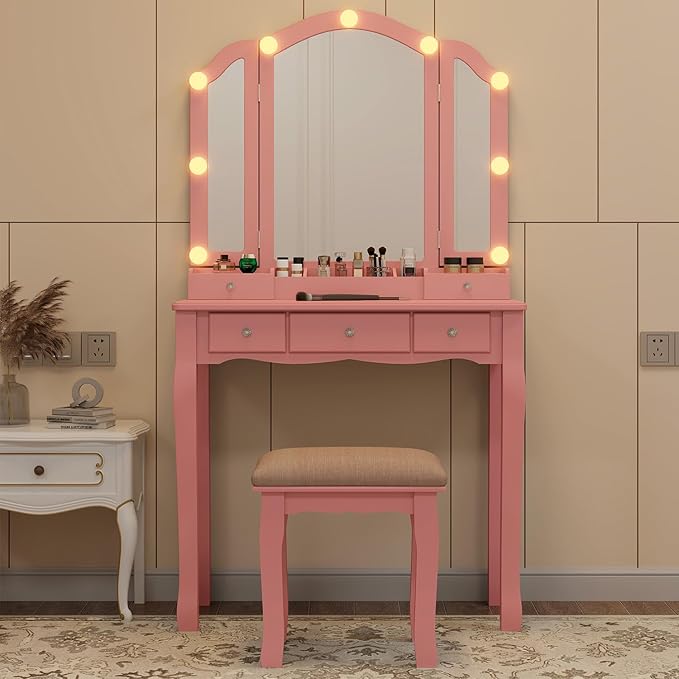 Pink Vanity Desk with Mirror and Lights for Girls Makeup Vanity Desk with Chair Vanity Table and Stool Set with 5 Storage Drawers 3 Colors Lighting Modes Tri Fold Vanity Mirror Lighted Vanity