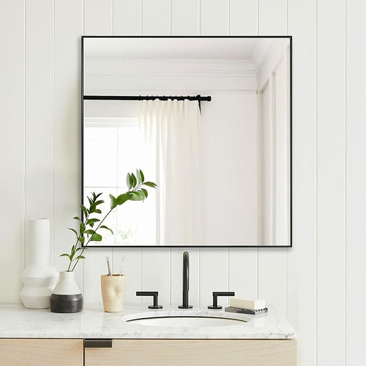 30x30 Inch Black Bathroom Mirror, Copper-Free Mirror, Aluminum Alloy Frame Vanity Mirror, Rectangle Wall Mounted Mirror, Modern Mirror for Bedroom/Living Room/Porch Horizontal or Vertical
