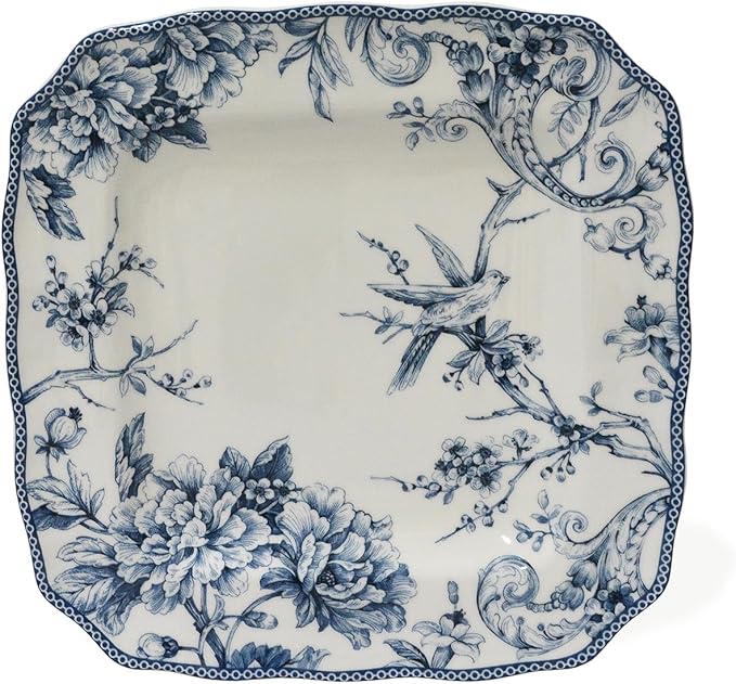 222 Fifth Adelaide 16-Piece Square Floral Dinnerware Set – Service for 4, Blue & White Porcelain Plates & Bowls, for Everyday Dining & Entertainment, Microwave & Dishwasher Safe, Chip Resistant
