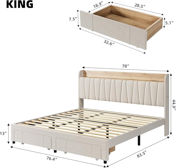 GarveeHome Bed Frame with Storage Headboard, Upholstered Platform Beds with Drawers, Charging Station, Noise-Free, No Box Spring Needed, Easy Assembly, Beige