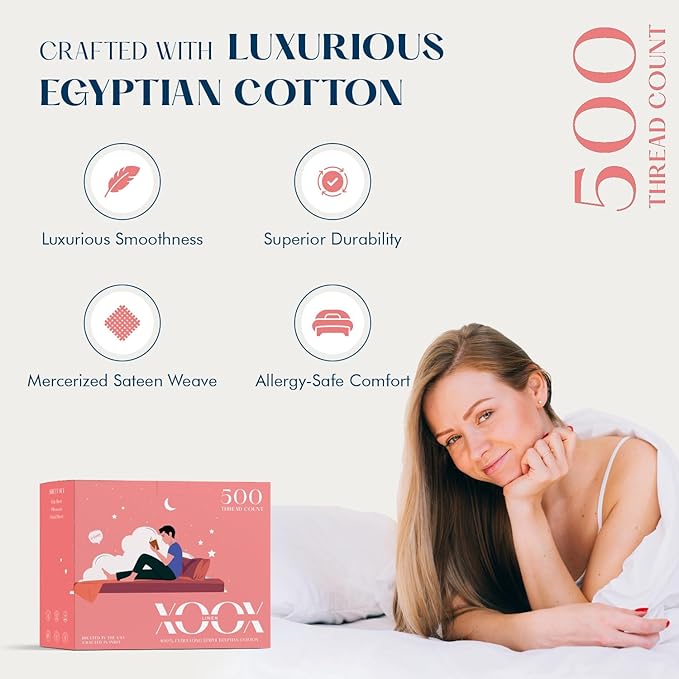 XOOX Linen Split King Sheets Sets for Adjustable Bed - 100% Cotton 500 Thread Count Split Head King Sheets (5 PC, Navy Blue), Soft, Cooling Sateen Weave Sleep Number Deep Pocket Bed Sheet Set