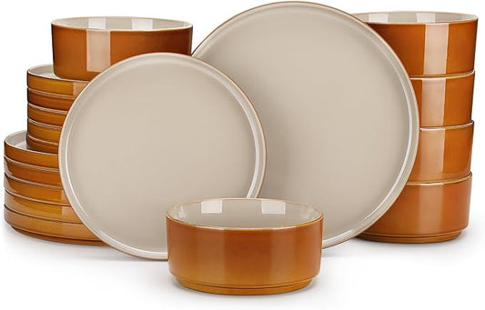 vancasso ONION Ceramic Plates and Bowls Sets, 18 Pieces Grey Dinnerware Sets for Kitchen, Reactive Glaze Dishes Set for 6, Dishwasher and Microwave Safe