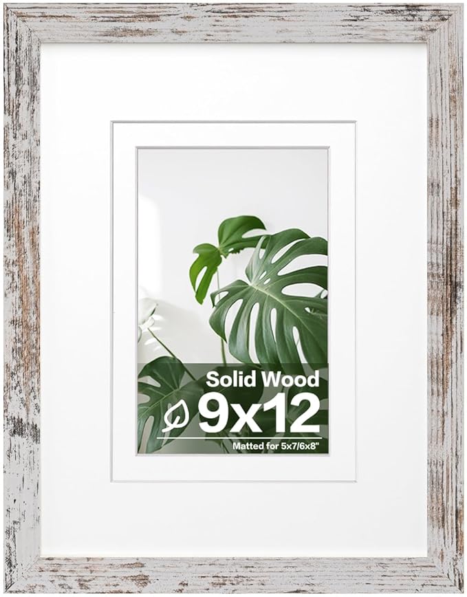 Egofine 9x12 Picture Frame Made of Solid Wood Rustic White Covered by Plexiglass, Wood Frame for Pictures 5x7/6x8 with Mat or 9x12 without Mat, Tabletop and Wall Mounting Display