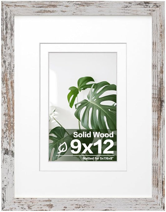 Egofine 9x12 Picture Frame Made of Solid Wood Rustic White Covered by Plexiglass, Wood Frame for Pictures 5x7/6x8 with Mat or 9x12 without Mat, Tabletop and Wall Mounting Display