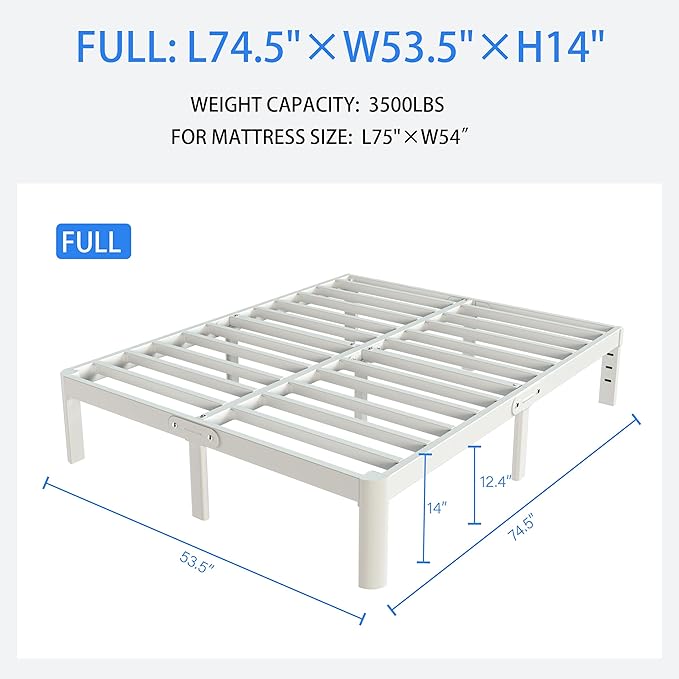 White Full Size Bed Frame 14 Inch, Metal Full Bed Frame No Box Spring Needed, Heavy Duty Steel Support 3500 LBS, DIY Headboard, Noiseless, Round Corner Legs, Storage Space, Easy Assembly