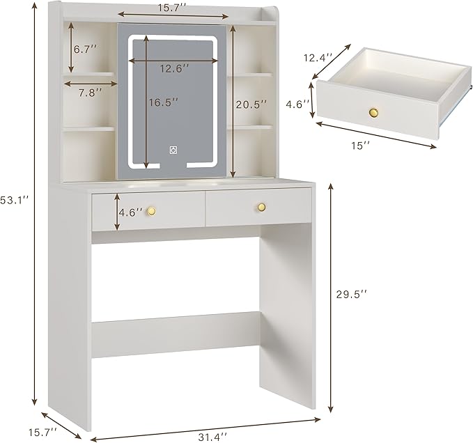 Vanity Desk with Mirror and Lights, 31" Makeup Vanity Desk with Lights 3 Colors, Small Vanity with 2 Storage Drawers & 6 Shelves for Girls Women Bedroom, White