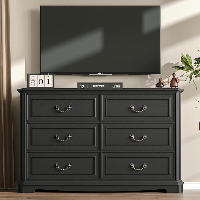 Farmhouse Dresser for Bedroom with 6 Drawer, 48" Wide Rustic Chest of Drawers with Metal Handle, Wood Vintage Dresser TV Stand, Wooden Closet Storage Dressers Organizer for Living Room, Hallway, Black