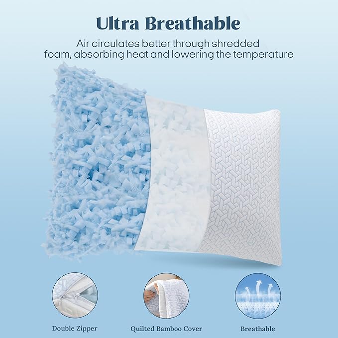 puredown® King Size Pillows Set of 2, Shredded Memory Foam Pillows, Cooling King Pillow 2 Pack, Adjustable Firm Bed Pillow for Sleeping, Side, Back and Stomach Sleepers