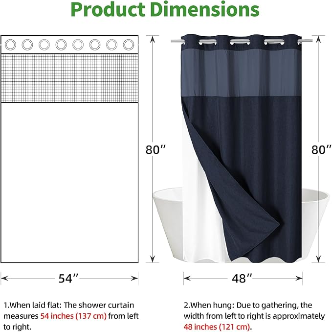 Stall No Hooks Needed Linen Textured Shower Curtain with Snap-in Fabric Liner Set,Hotel Luxury Decor Farmhouse Shower Curtains for Bathroom,Waterproof & Washable,54Wx80H,Navy Blue