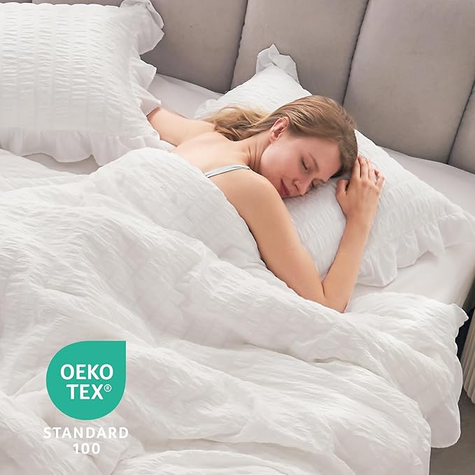 JOLLYVOGUE Queen Comforter Set, 3 Pieces White Seersucker Comforters Queen Size, Lightweight & Fluffy Bedding Sets Queen for All Season with 1 Ruffle Comforter and 2 Ruffle Pillowshams