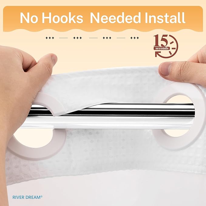 River Dream Heavyweight No Hooks Required Dotted Waffle Weave Shower Curtain with Snap in Liner，Bathroom Curtains Shower Set - 71W x 74H,Hotel Grade,Spa Like Bath Curtain,White