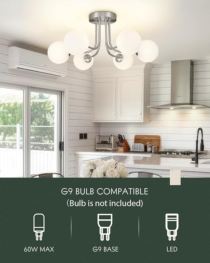 Brushed Nickel Ceiling Light in Modern Farmhouse Design Features 6 Frosted Glass Shades, Ideal for The Living Room, Bedroom, or Dining Room. Model: CKCL4845-6W-BN
