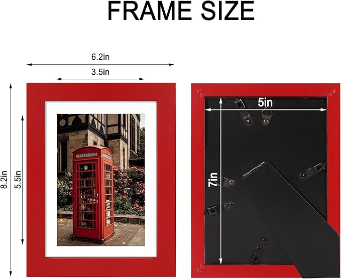 5x7 Picture Frame Set of 4, High Definition Real Glass, Display Pictures 4x6 with Mat or 5x7 Without Mat, Gallery Wall Hanging or Tabletop Photo Frames, Red