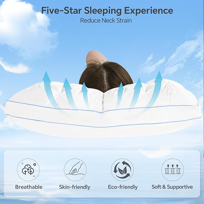 QUTOOL Luxury Hotel Goose Feather Pillow, 100% Cotton Cover, Soft Support Pillow, Suitable for Sleepers on The Back, Sides, and Stomach, Queen Size Bed Pillows Set of 2