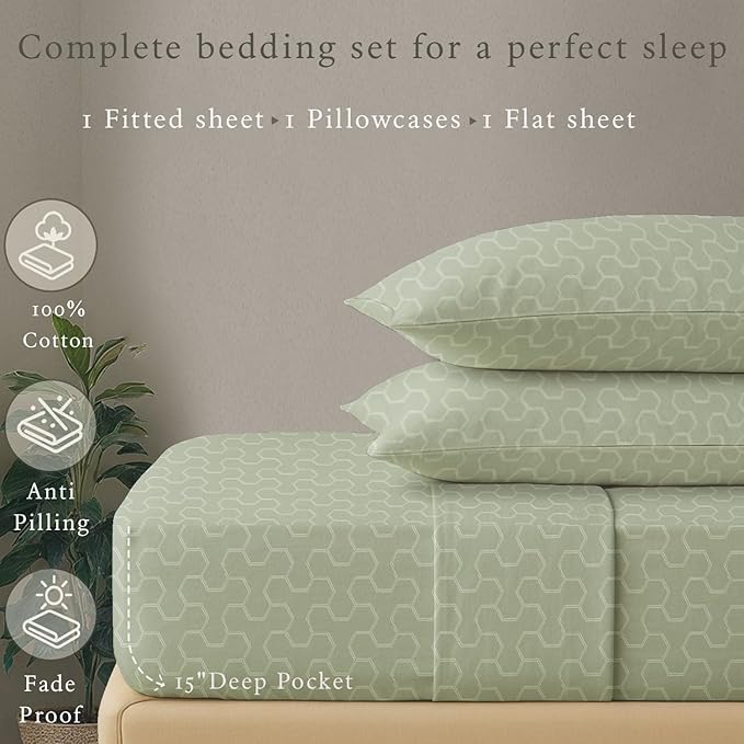 Threadmill 500 Thread Count Twin-XL Size 3 Pc Luxury Cotton Bed Sheet Set, Jacquard Floria Sage Green, Breathable Sheets with 15" Elasticized Deep Pocket, 1 Pillowcase & Free Tote Bag
