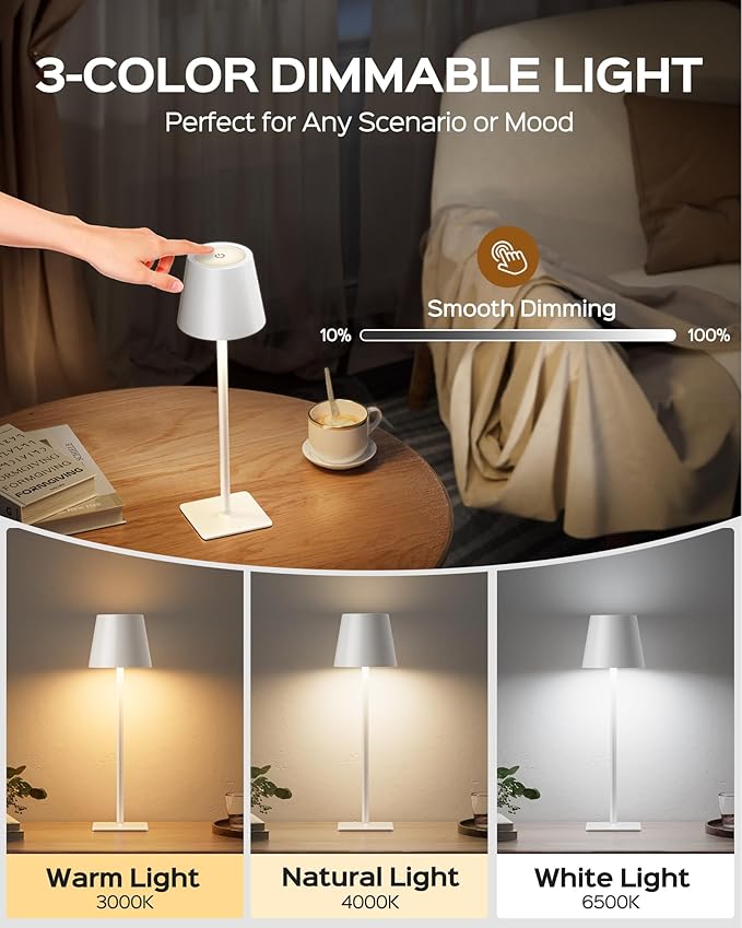 JACKYLED Cordless Lamp DIY Height, 3 Color Stepless Dimming, 5000mAh Battery Operated Lamp Portable Rechargeable for Bedroom Dinning Kitchen, White, 2 Pack