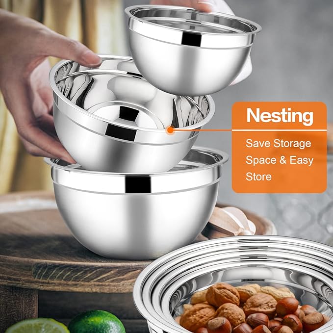 E-far Stainless Steel Mixing Bowls with Lids, 7-Piece Metal Nesting Bowls with Colorful Airtight Lids for Saving Storage Space, Size 7, 4.6, 3, 2, 1.5, 1, 0.7QT, Great for Baking/Cooking/Prepping