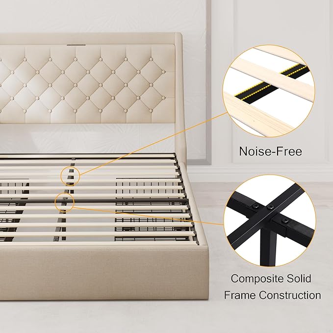 Upholstered King Size Bed Frame with 4 Storage Drawers, Modern Platform Bed with Wingback Headboard, Charging Station, No Box Spring Needed, Beige