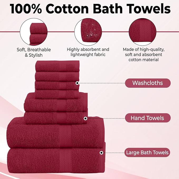 Pack of 8 Towels Set, 2 Large Bath Towels, 2 Hand Towels, 4 Wash Cloths, 100% Cotton, Lighter Weight, Quicker to Dry, Super Absorbent, Perfect for Bathroom (Burgandy)