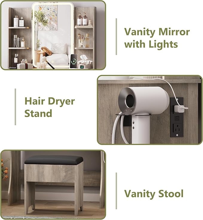 Small Vanity Desk with Mirror and Lights, Makeup Vanity with LED Lights, Grey Vanity Mirror with Lighted Desk and Chair, 3 Lighting Adjustable Compact Dressing Table with Mirror for Women, Girls